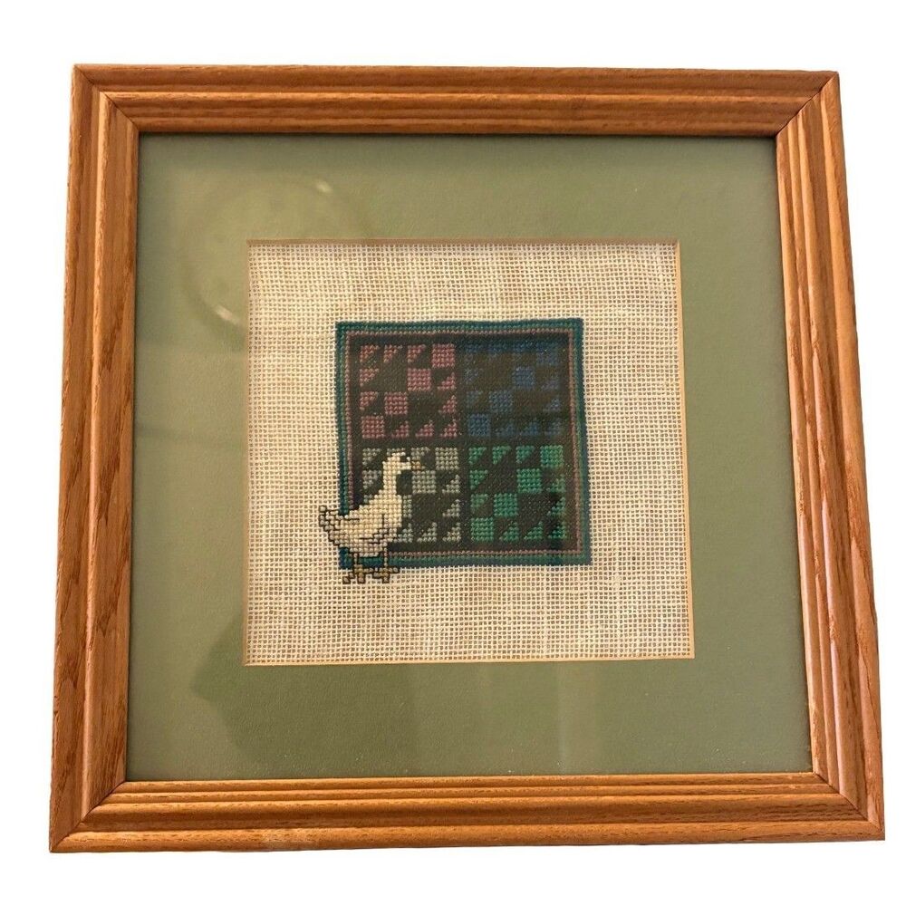 Vintage Goose Quilt Cross Stitch Linen Framed Art 9x9 Handmade Decor